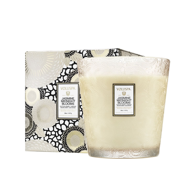 VELA VASO PEDESTAL 3 PAVIOS +80H JASMINE MIDNIGHT BLOOMS - VOLUSPA
