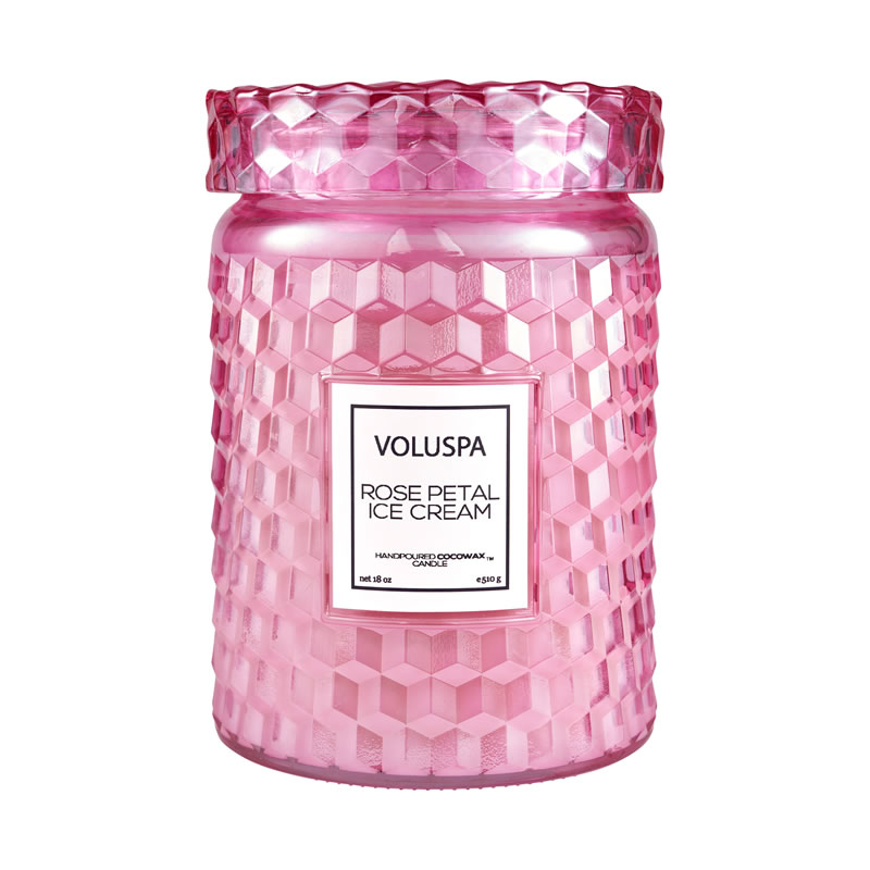 VELA POTE VIDRO G 100H TAMPA VIDRO ROSE PETAL ICE CREAM - VOLUSPA