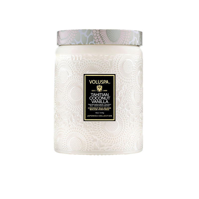 VELA POTE VIDRO G 100H RELEVO TAHITIAN COCONUT VANILLA - VOLUSPA