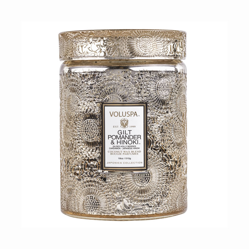 VELA POTE VIDRO G 100H TAMPA VIDRO RELEVO GILT POMANDER E HINOKI - VOLUSPA